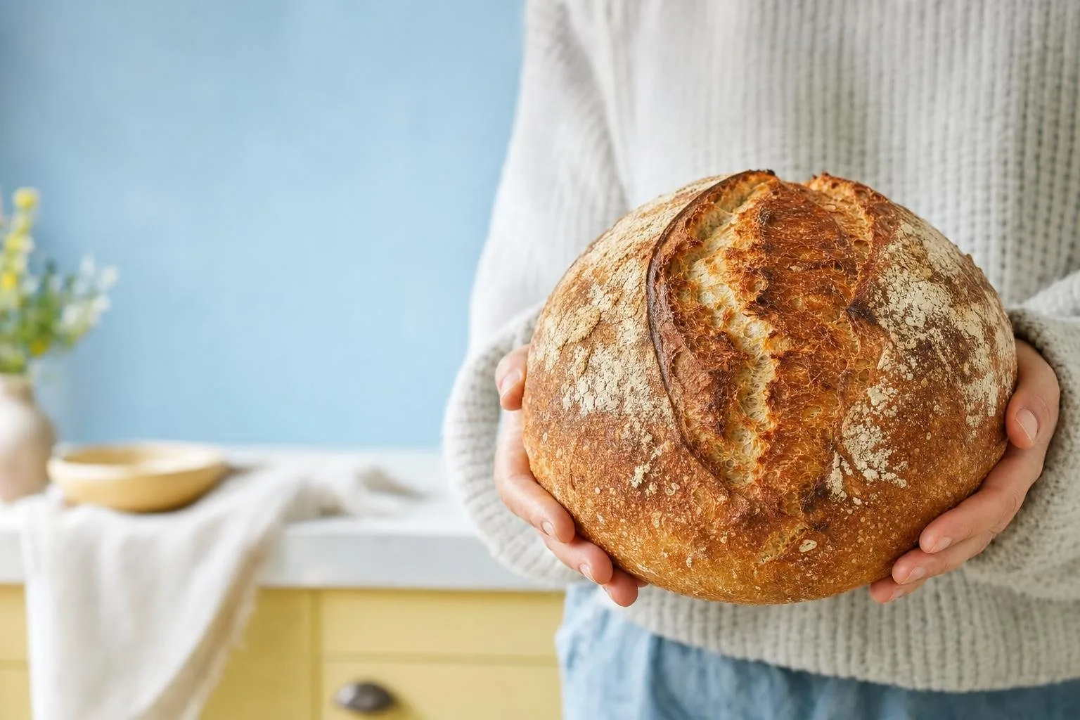 Zwei Hände halten ein frisch gebackenes, rundes Sauerteigbrot mit eingeschnittener Kruste (mit AI erstelltes Bild)