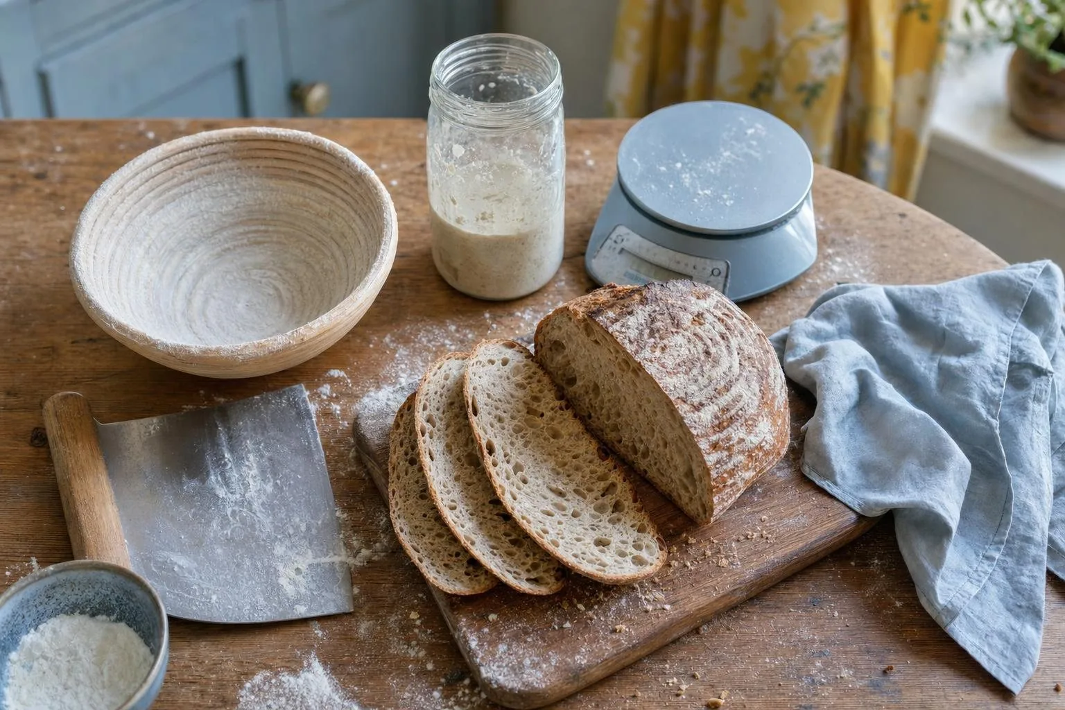 Ein Küchentisch am Backtag mit Gärkörbchen, Sauerteigglas, Küchenwaage, Teigschaber und angeschnittenem Brot (mit AI erstelltes Bild)
